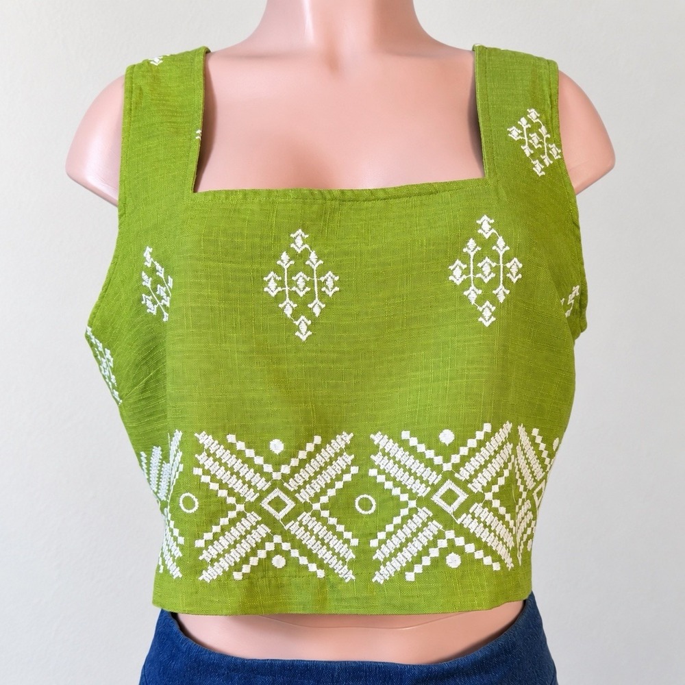 Calypso St. Barth Women's L Green White Geometric Cropped Tank Resort Coastal